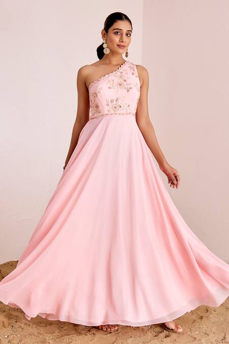 Suruchi Parakh_Pink Georgette Sequins, Beads, Embroidery Asymmetric One Shoulder Gown _Online_at_Aza_Fashions