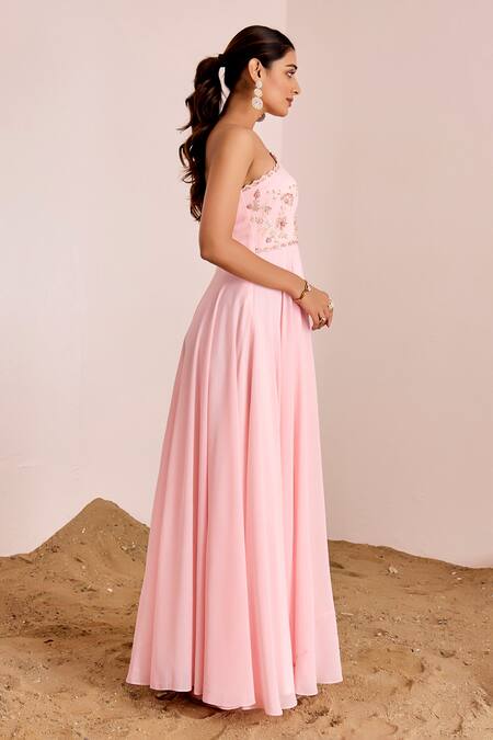 Buy_Suruchi Parakh_Pink Georgette Sequins, Beads, Embroidery Asymmetric One Shoulder Gown _Online_at_Aza_Fashions