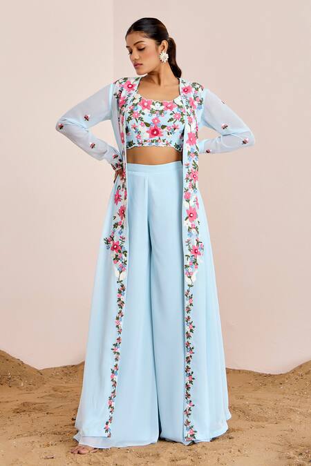 Suruchi Parakh Blue Georgette Embroidery Open Neck Floral Jacket Flared Pant Set Online at Aza Fashions Suruchi Parakh_Blue Georgette Embroidery Open Neck Floral Jacket Flared Pant Set _Online_at_Aza_Fashions