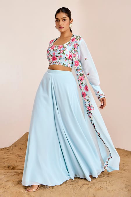 Buy Suruchi Parakh Blue Georgette Embroidery Open Neck Floral Jacket Flared Pant Set Online at Aza Fashions Buy_Suruchi Parakh_Blue Georgette Embroidery Open Neck Floral Jacket Flared Pant Set _Online_at_Aza_Fashions