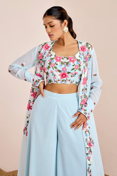 Shop Suruchi Parakh Blue Georgette Embroidery Open Neck Floral Jacket Flared Pant Set Online at Aza Fashions Shop_Suruchi Parakh_Blue Georgette Embroidery Open Neck Floral Jacket Flared Pant Set _Online_at_Aza_Fashions