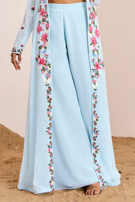Suruchi Parakh Blue Georgette Embroidery Open Neck Floral Jacket Flared Pant Set at Aza Fashions Suruchi Parakh_Blue Georgette Embroidery Open Neck Floral Jacket Flared Pant Set _at_Aza_Fashions