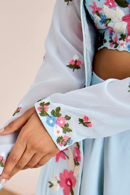 Buy Suruchi Parakh Blue Georgette Embroidery Open Neck Floral Jacket Flared Pant Set Buy_Suruchi Parakh_Blue Georgette Embroidery Open Neck Floral Jacket Flared Pant Set