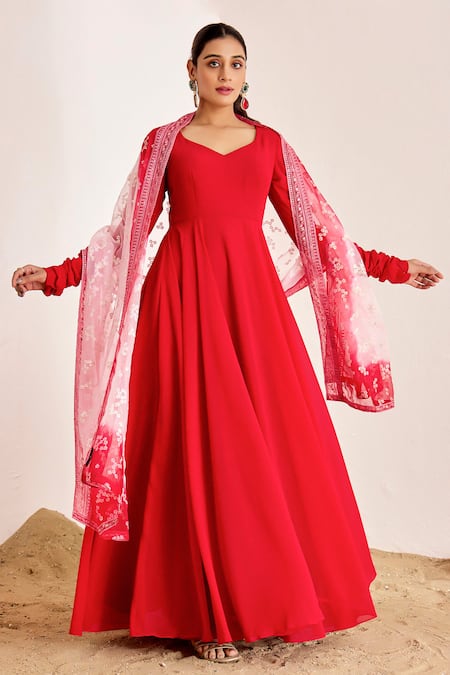 Suruchi Parakh_Red Organza, Georgette Embroidery, Sequins, Plain Anarkali With Floral Dupatta _Online_at_Aza_Fashions