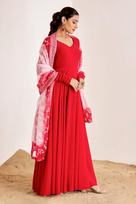 Buy_Suruchi Parakh_Red Organza, Georgette Embroidery, Sequins, Plain Anarkali With Floral Dupatta _Online_at_Aza_Fashions