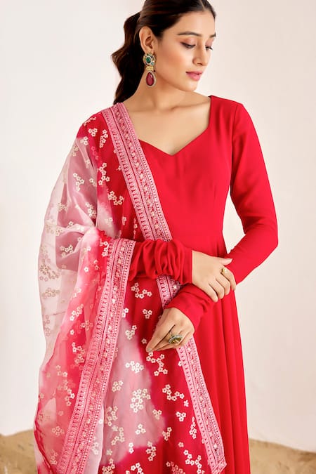 Shop_Suruchi Parakh_Red Organza, Georgette Embroidery, Sequins, Plain Anarkali With Floral Dupatta _Online_at_Aza_Fashions
