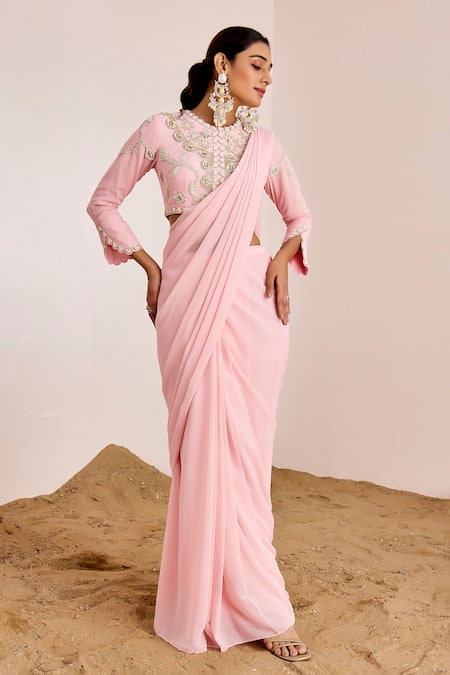 Suruchi Parakh_Pink Georgette Embroidery Round Neck Pre-draped Saree With Blouse _Online_at_Aza_Fashions
