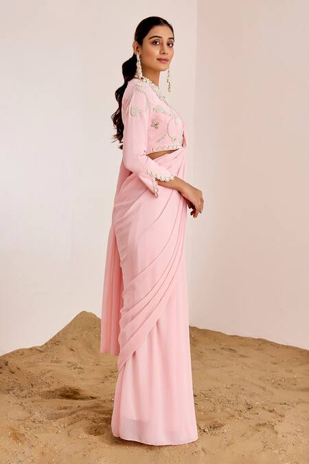 Buy_Suruchi Parakh_Pink Georgette Embroidery Round Neck Pre-draped Saree With Blouse _Online_at_Aza_Fashions