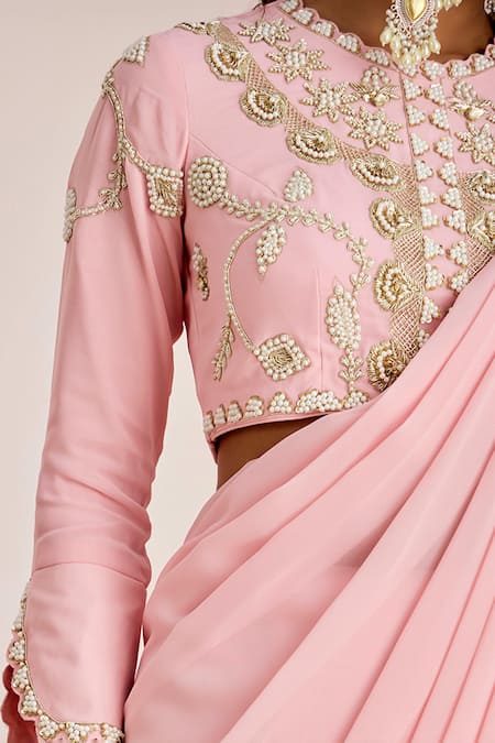 Shop_Suruchi Parakh_Pink Georgette Embroidery Round Neck Pre-draped Saree With Blouse _Online_at_Aza_Fashions