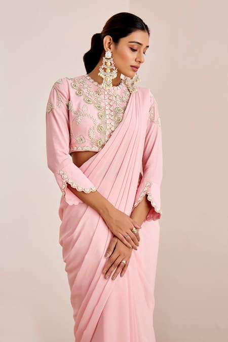 Suruchi Parakh_Pink Georgette Embroidery Round Neck Pre-draped Saree With Blouse _at_Aza_Fashions