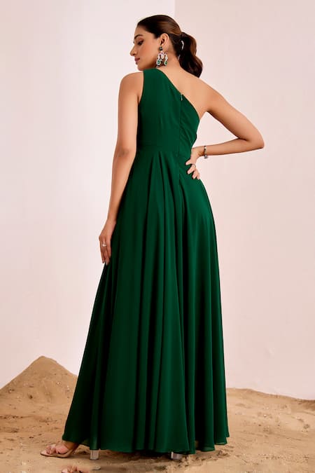 Shop_Suruchi Parakh_Green Georgette Sequins, Beads, Embroidery Asymmetric Floral Gown _at_Aza_Fashions