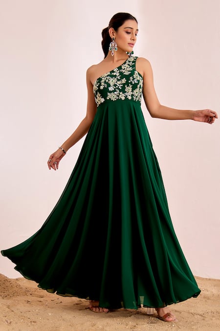 Suruchi Parakh_Green Georgette Sequins, Beads, Embroidery Asymmetric Floral Gown _Online_at_Aza_Fashions