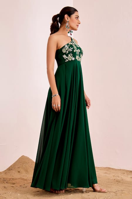Buy_Suruchi Parakh_Green Georgette Sequins, Beads, Embroidery Asymmetric Floral Gown _Online_at_Aza_Fashions