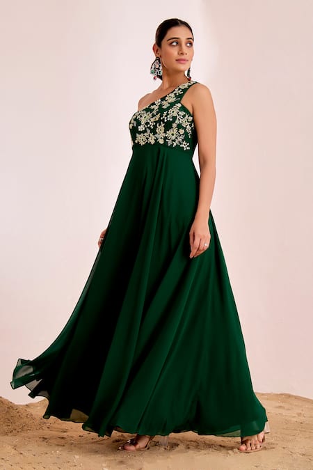 Shop_Suruchi Parakh_Green Georgette Sequins, Beads, Embroidery Asymmetric Floral Gown _Online_at_Aza_Fashions