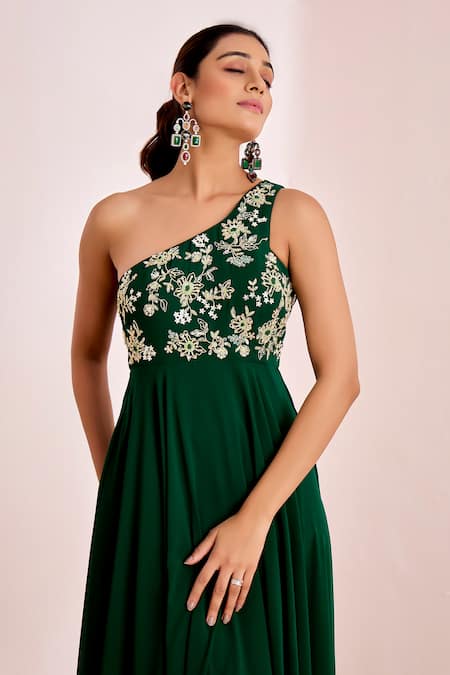 Suruchi Parakh_Green Georgette Sequins, Beads, Embroidery Asymmetric Floral Gown _at_Aza_Fashions