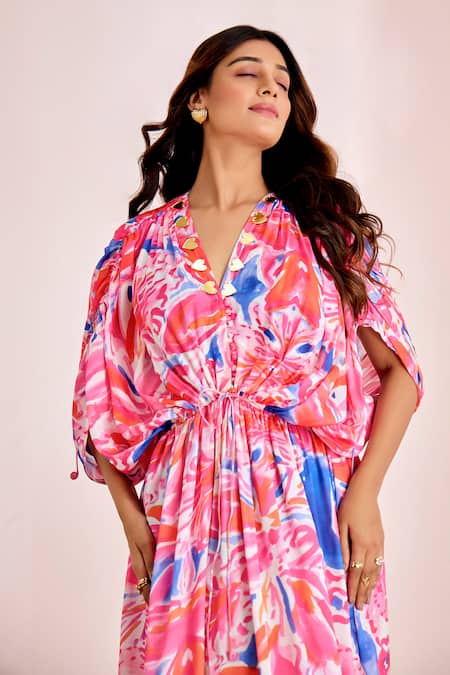 Suruchi Parakh_Multi Color Satin, Silk Embroidery V-neck Abstract Print Dress _Online_at_Aza_Fashions