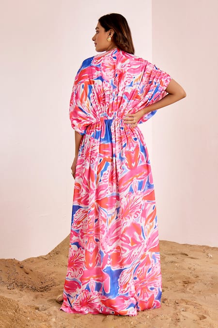 Shop_Suruchi Parakh_Multi Color Satin, Silk Embroidery V-neck Abstract Print Dress _at_Aza_Fashions