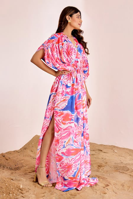Buy_Suruchi Parakh_Multi Color Satin, Silk Embroidery V-neck Abstract Print Dress _Online_at_Aza_Fashions
