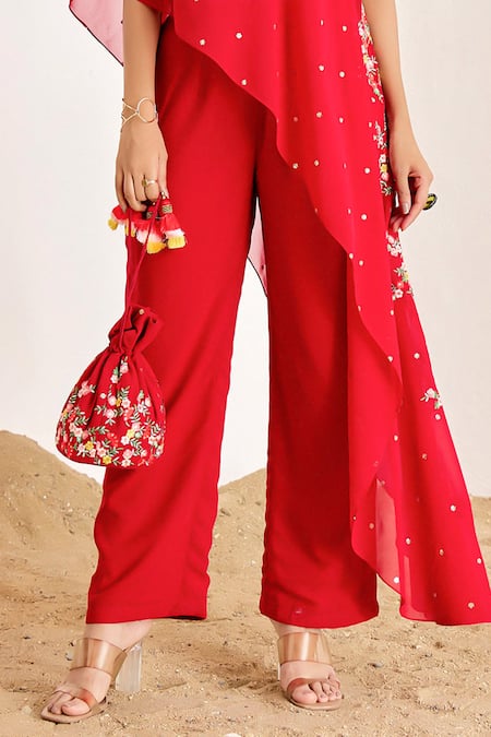 Suruchi Parakh_Red Georgette Embroidery, Sequins, Beads One Shoulder Floral Top And Pant Set _Online_at_Aza_Fashions