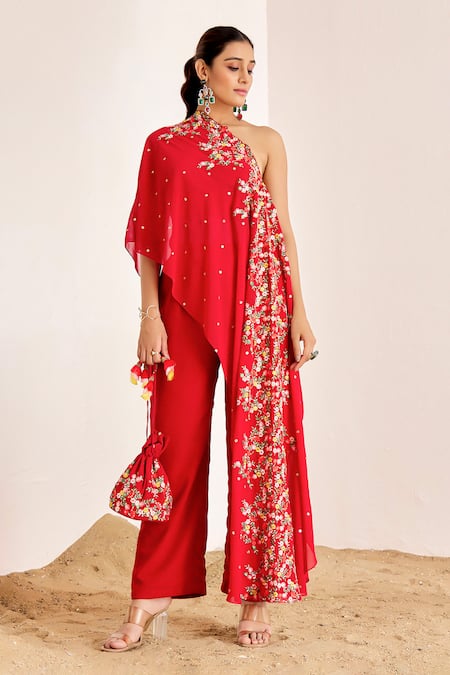 Buy_Suruchi Parakh_Red Georgette Embroidery, Sequins, Beads One Shoulder Floral Top And Pant Set _Online_at_Aza_Fashions