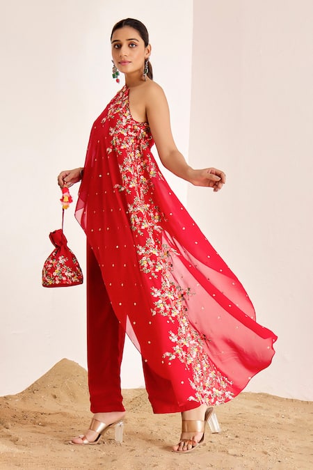 Shop_Suruchi Parakh_Red Georgette Embroidery, Sequins, Beads One Shoulder Floral Top And Pant Set _Online_at_Aza_Fashions