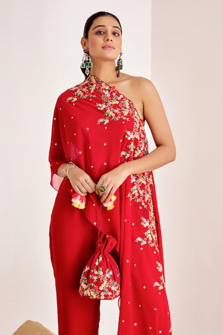 Suruchi Parakh_Red Georgette Embroidery, Sequins, Beads One Shoulder Floral Top And Pant Set _at_Aza_Fashions