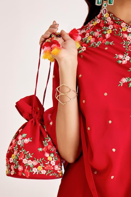 Buy_Suruchi Parakh_Red Georgette Embroidery, Sequins, Beads One Shoulder Floral Top And Pant Set 