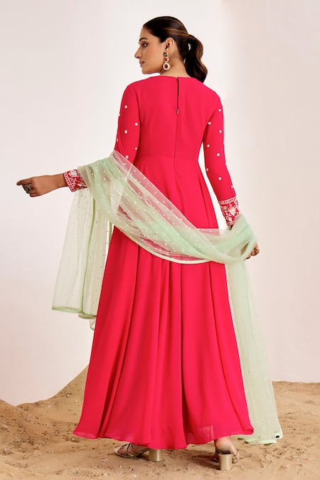 Shop Suruchi Parakh Pink Net, Georgette Sequins, Floral Placement Embroidered Anarkali With Dupatta at Aza Fashions Shop_Suruchi Parakh_Pink Net, Georgette Sequins, Floral Placement Embroidered Anarkali With Dupatta _at_Aza_Fashions