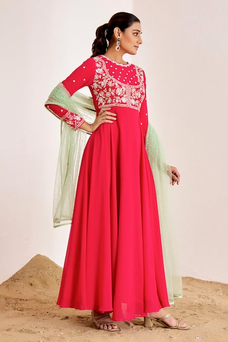 Suruchi Parakh Pink Net, Georgette Sequins, Floral Placement Embroidered Anarkali With Dupatta Online at Aza Fashions Suruchi Parakh_Pink Net, Georgette Sequins, Floral Placement Embroidered Anarkali With Dupatta _Online_at_Aza_Fashions