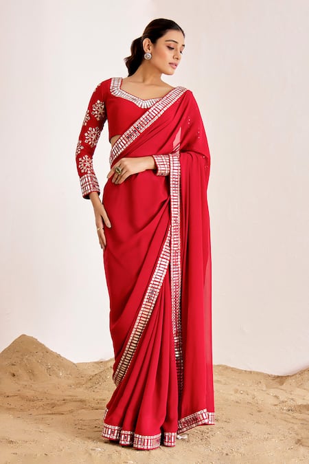 Suruchi Parakh_Red Georgette Mirrors Asymmetric Border Embroidered Saree With Blouse _Online_at_Aza_Fashions