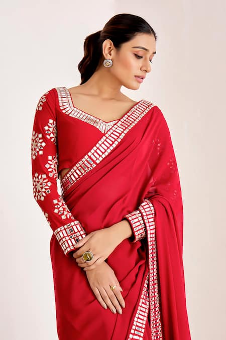 Buy_Suruchi Parakh_Red Georgette Mirrors Asymmetric Border Embroidered Saree With Blouse _Online_at_Aza_Fashions