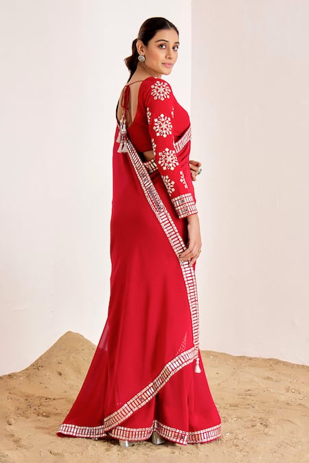 Shop_Suruchi Parakh_Red Georgette Mirrors Asymmetric Border Embroidered Saree With Blouse _Online_at_Aza_Fashions