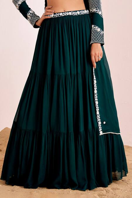 Suruchi Parakh_Emerald Green Crepe, Georgette Pearls Waistband Embroidered Tiered Lehenga Set _Online_at_Aza_Fashions