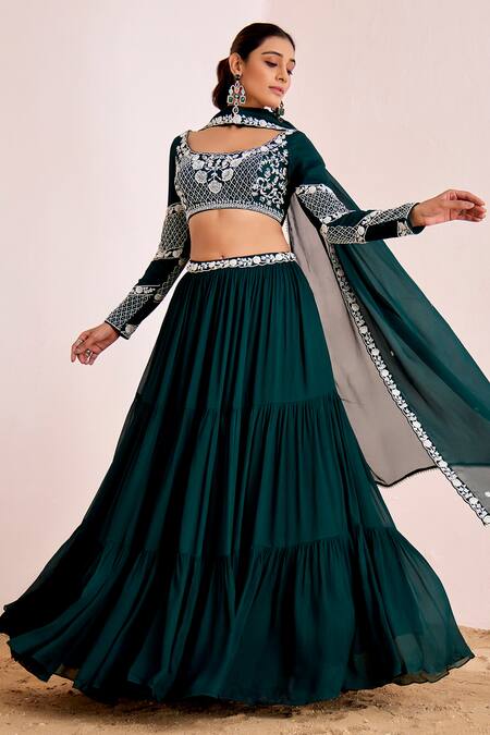 Buy_Suruchi Parakh_Emerald Green Crepe, Georgette Pearls Waistband Embroidered Tiered Lehenga Set _Online_at_Aza_Fashions
