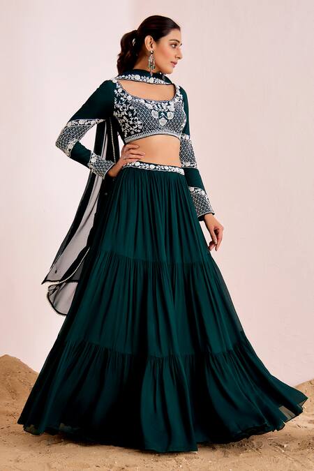 Shop_Suruchi Parakh_Emerald Green Crepe, Georgette Pearls Waistband Embroidered Tiered Lehenga Set _Online_at_Aza_Fashions