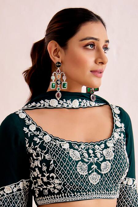 Suruchi Parakh_Emerald Green Crepe, Georgette Pearls Waistband Embroidered Tiered Lehenga Set _at_Aza_Fashions
