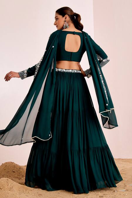 Buy_Suruchi Parakh_Emerald Green Crepe, Georgette Pearls Waistband Embroidered Tiered Lehenga Set 