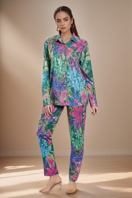 Samyukta Singhania Multi Color Cotton-poly Digital Printed Abstract Floral Shirt And Pant Co-ord Set 