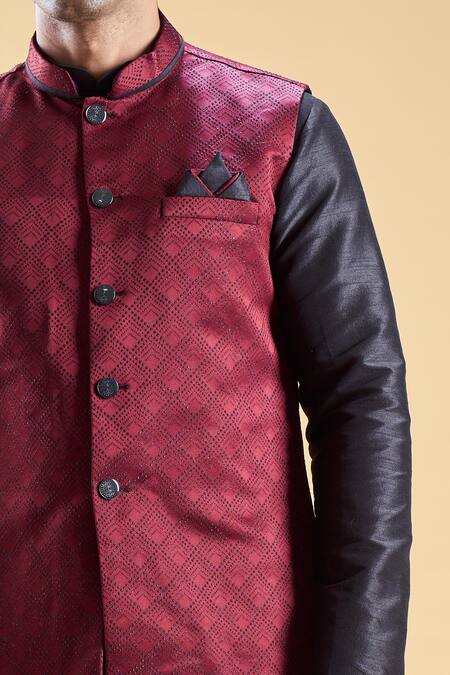 Buy_Arihant Rai Sinha_Maroon Brocade, Silk Stones, Embroidery Embellished Nehru Jacket And Churidar Set _Online_at_Aza_Fashions