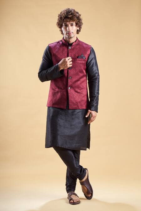 Arihant Rai Sinha_Maroon Brocade, Silk Stones, Embroidery Embellished Nehru Jacket And Churidar Set _at_Aza_Fashions