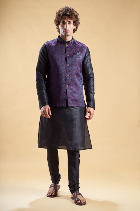 Aryavir Malhotra Blue Kasak Zari Jacquard Embroidery Floral Thread Nehru Jacket And Churidar Set 