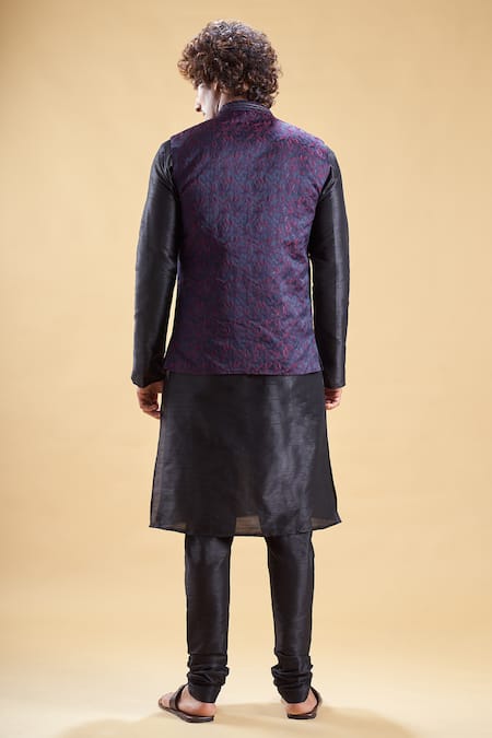 Shop Arihant Rai Sinha Black Silk, Jacquard Embroidery Blue Floral Thread Nehru Jacket Set at Aza Fashions Shop_Arihant Rai Sinha_Black Silk, Jacquard Embroidery Blue Floral Thread Nehru Jacket Set _at_Aza_Fashions