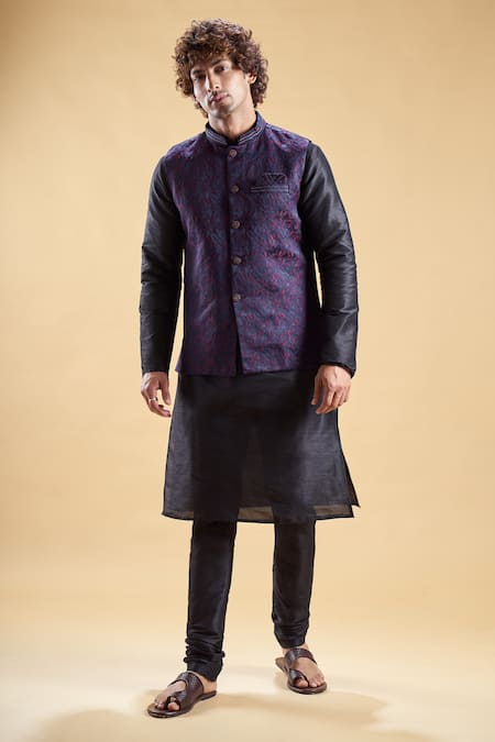 Shop Arihant Rai Sinha Black Silk, Jacquard Embroidery Blue Floral Thread Nehru Jacket Set Online at Aza Fashions Shop_Arihant Rai Sinha_Black Silk, Jacquard Embroidery Blue Floral Thread Nehru Jacket Set _Online_at_Aza_Fashions