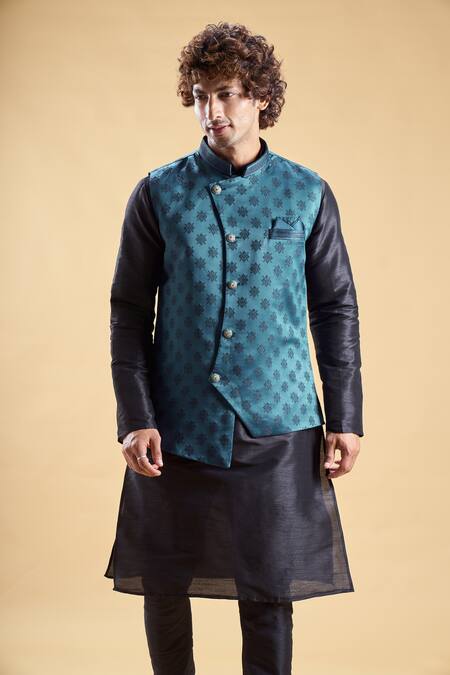 Shop Arihant Rai Sinha Blue Silk Embroidery Thread Nehru Jacket And Churidar Set Online at Aza Fashions Shop_Arihant Rai Sinha_Blue Silk Embroidery Thread Nehru Jacket And Churidar Set _Online_at_Aza_Fashions