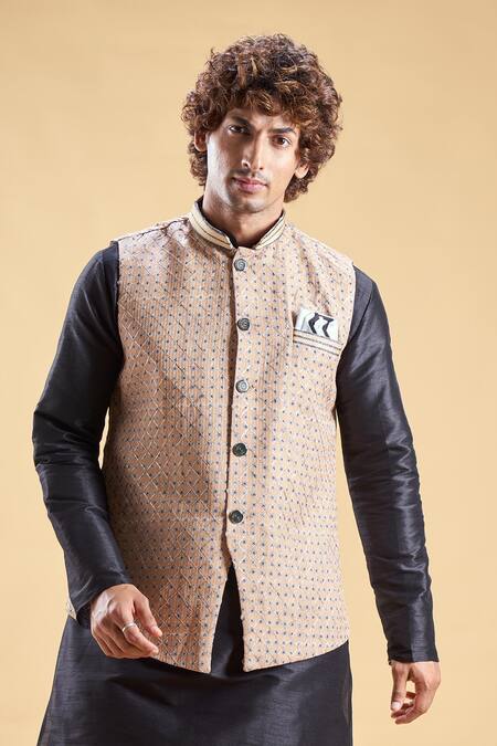 Arihant Rai Sinha Beige Jacquard, Silk Embroidery Geometric Mandala Nehru Jacket Set at Aza Fashions Arihant Rai Sinha_Beige Jacquard, Silk Embroidery Geometric Mandala Nehru Jacket Set _at_Aza_Fashions