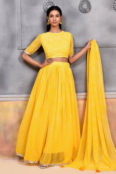 Buy_Samyukta Singhania_Yellow Georgette, Cotton Boat Illuminating Leheriya Print Blouse Lehenga Set