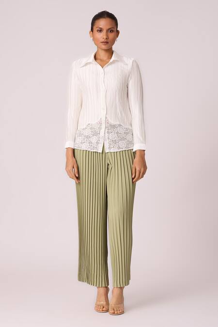Buy_Scarlet Sage_White Polyester Rhinestones Collared Gaby Pleat Textured Shirt_Online_at_Aza_Fashions