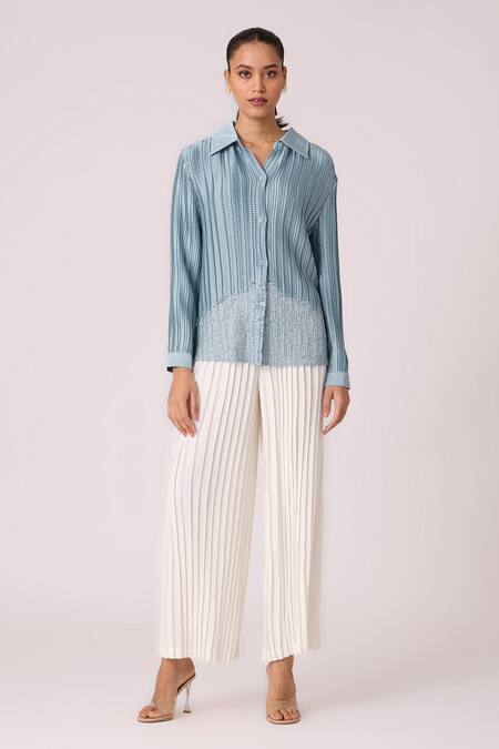 Buy_Scarlet Sage_Blue Polyester Rhinestones Collared Gaby Satin Pleated Shirt_Online_at_Aza_Fashions