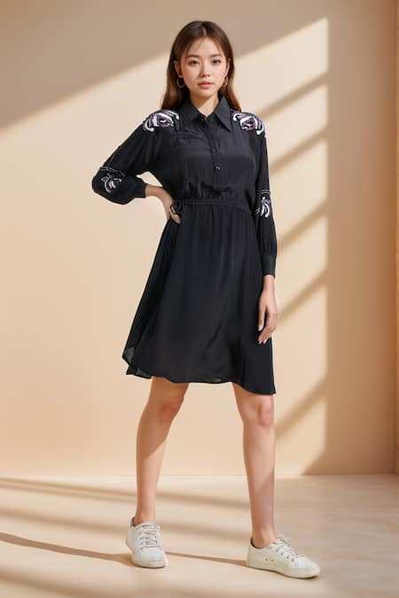 Samyukta Singhania Black Crepe Embroidered Cutdana Collared Moti And Dress 