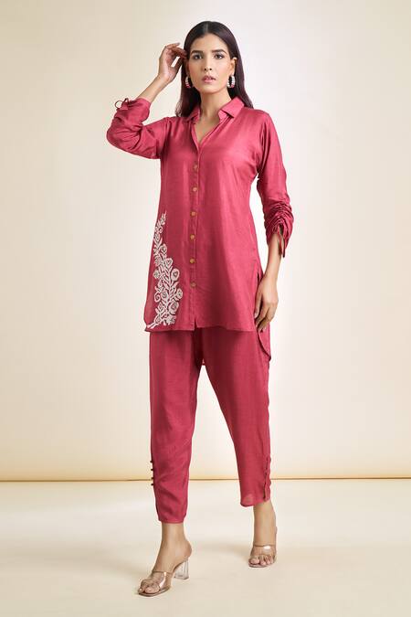 Shop_Naintara Bajaj_Red Silk Embroidery Collared Placement Floral Tunic And Pant Set 